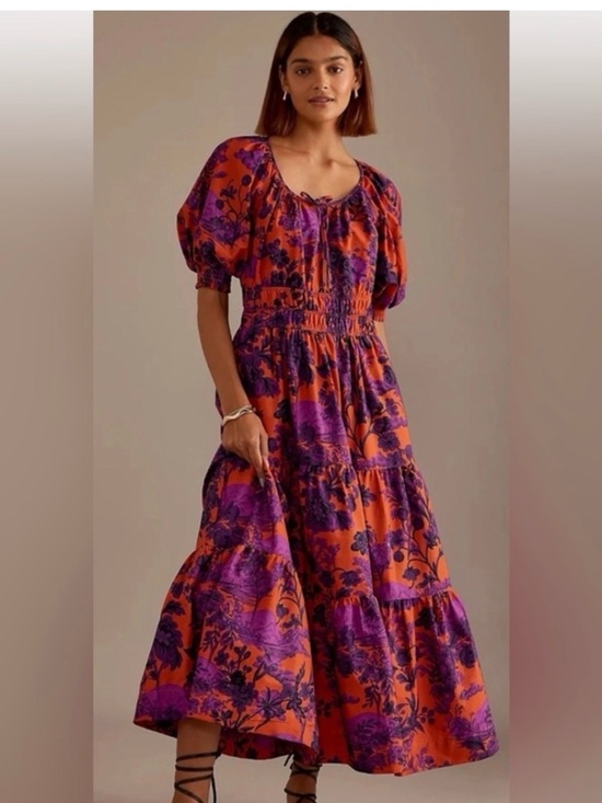 Anthropologie Dresses & Skirts - Anthropologie Maeve Floral Puff Sleeve Midi Dress Orange Purple Size Small